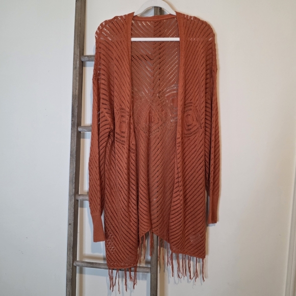 ⭐️40% Off⭐️ Burnt Orange Loose Knit Fringe Cardigan - Picture 1 of 7